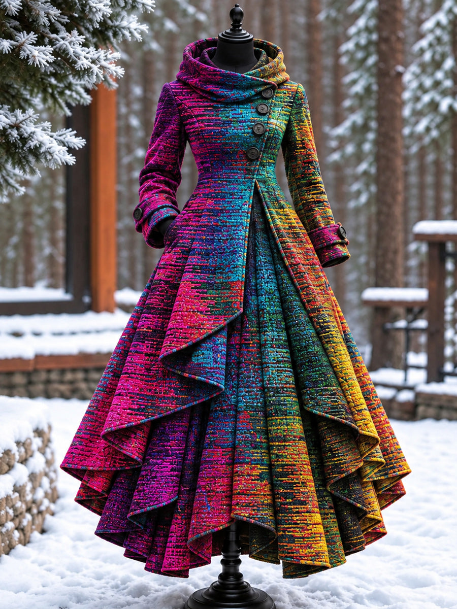 Women’s Vintage High-Collar Asymmetrical Double-Layer Hem Long Maxi Coat